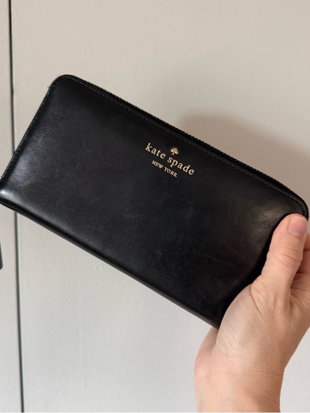 kate spade Black Leather Zip Wallet with Gold Logo